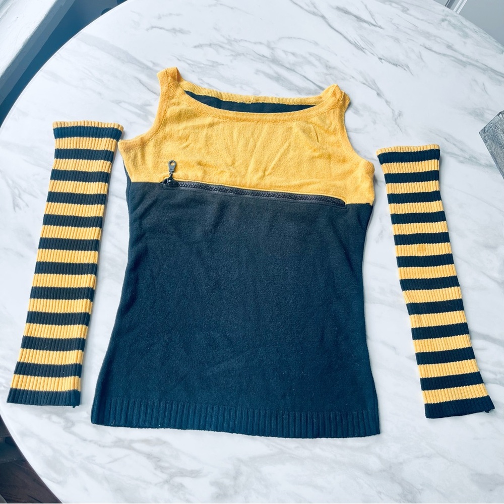 Vintage Black and Yellow Knit Top with Striped Arm Warmers